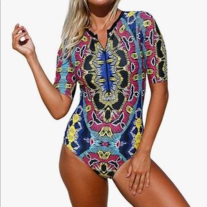 Aleumdr Womens Zip Front Printed Half Sleeve/Long Sleeve One Piece Swimsuit XXL